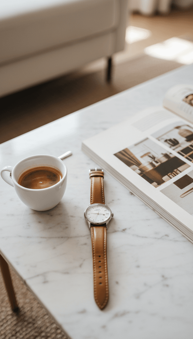 Wristwatch with tan leather strap on a marble table