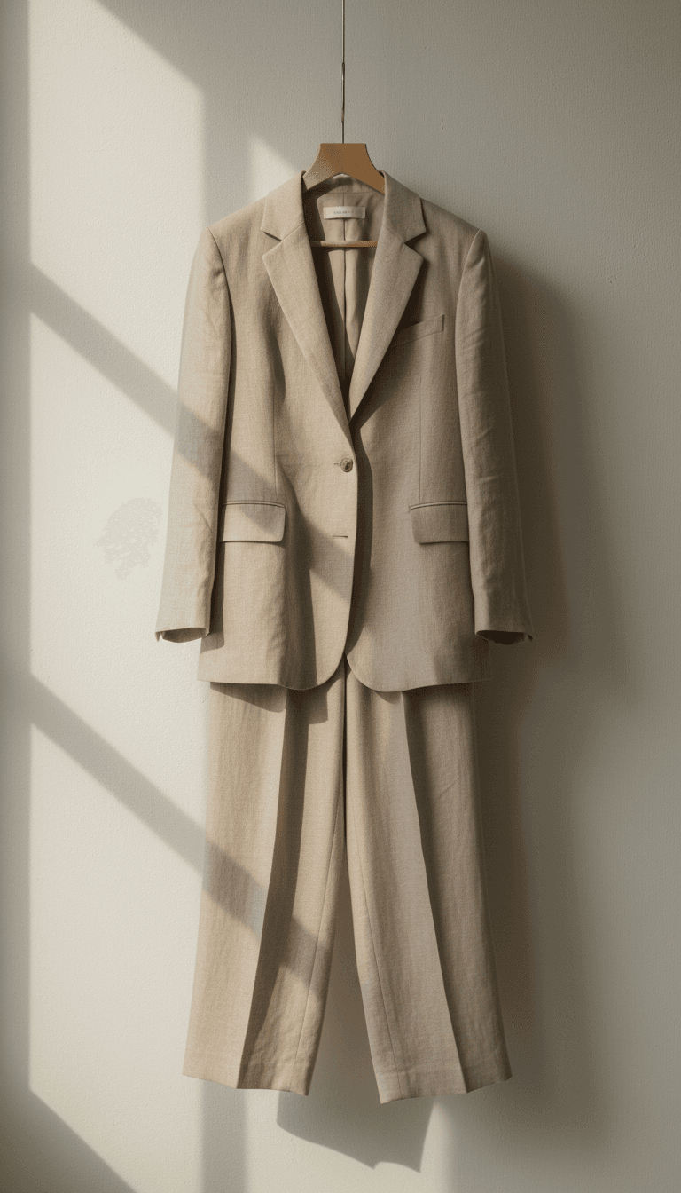 Tailored beige blazer and trousers on a hanger