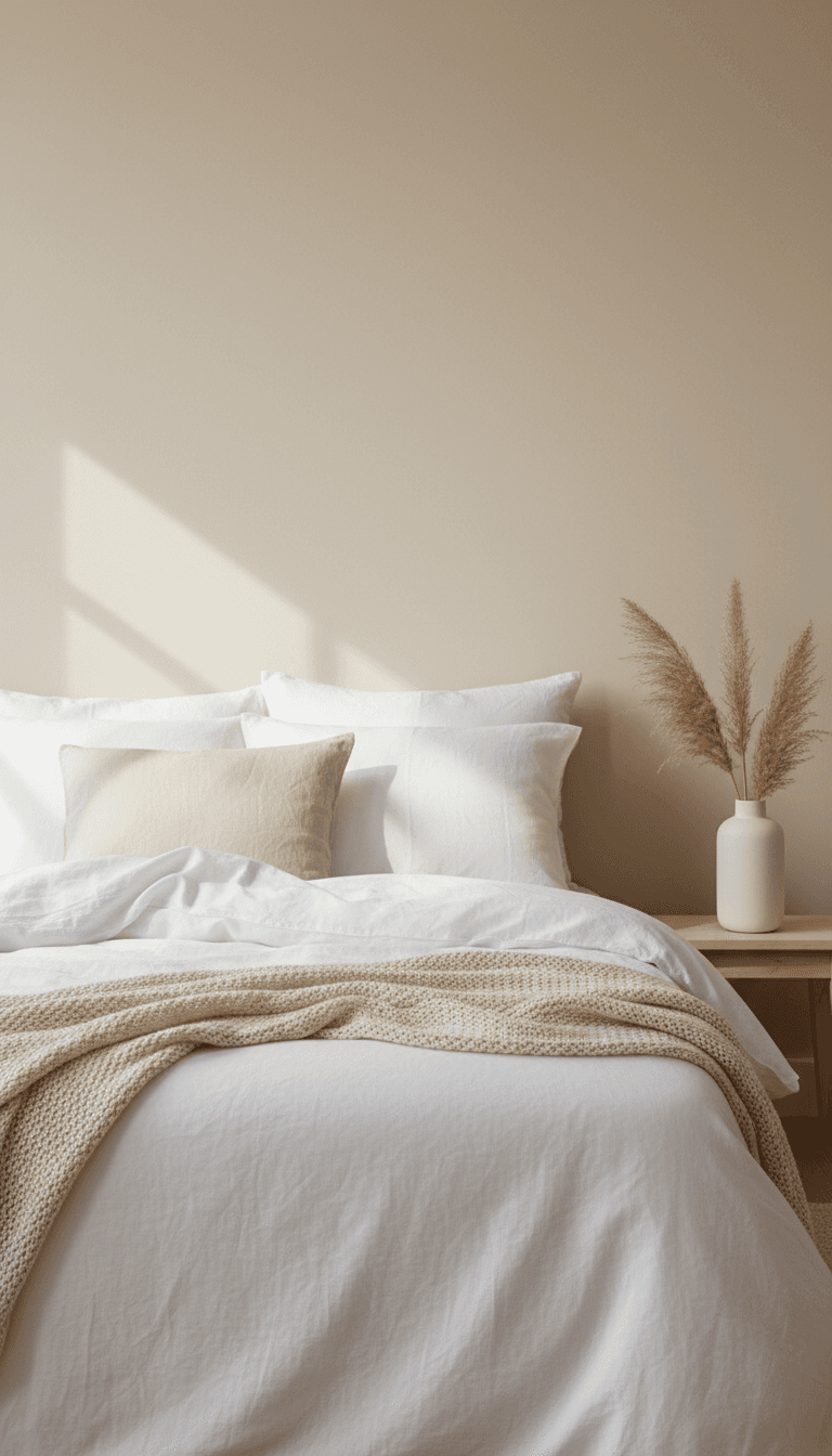 Neatly made bed with neutral linen bedding and a ceramic vase