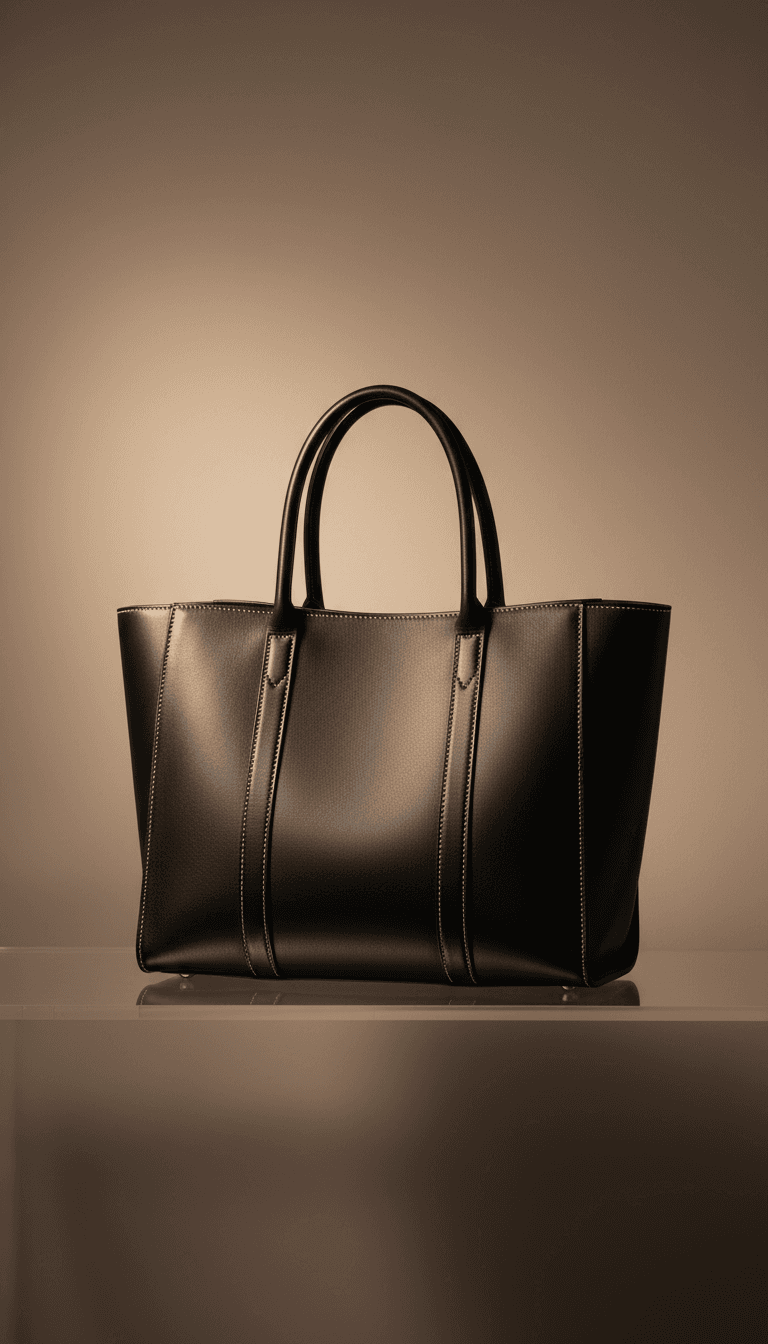 Structured black leather tote bag on an acrylic shelf