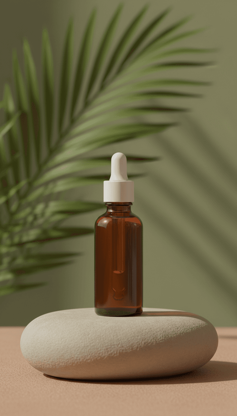 Amber glass bottle of facial oil on a stone pedestal