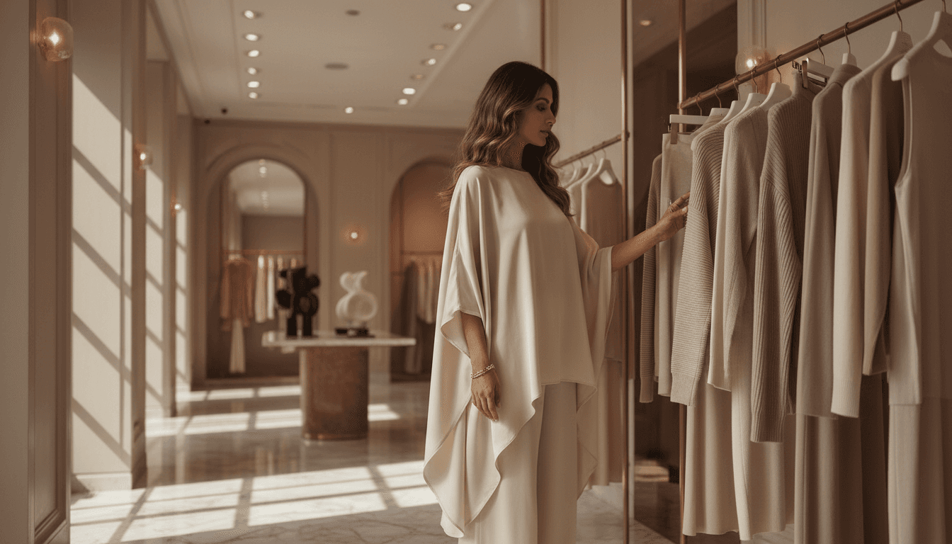 Woman browsing premium clothing collection at AVENZA boutique