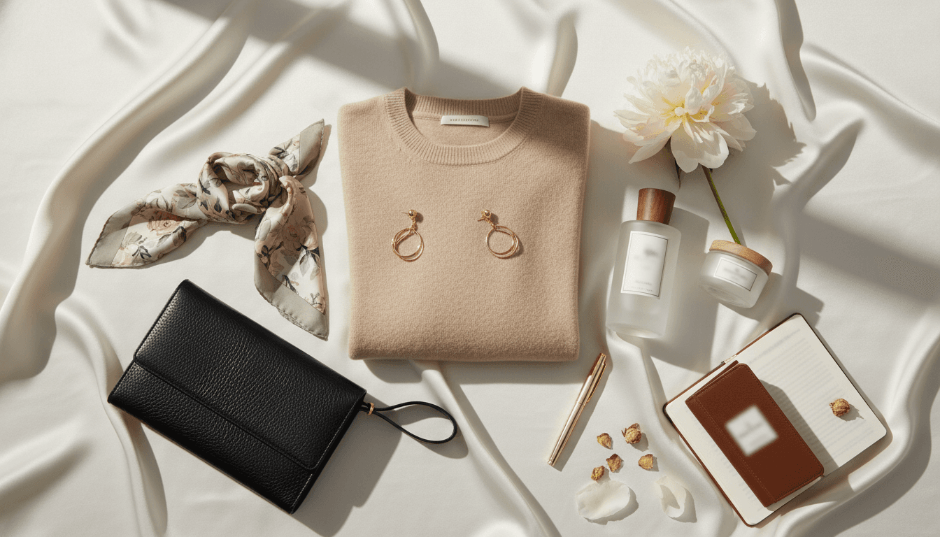 Curated premium fashion and beauty products arranged on soft silk fabric
