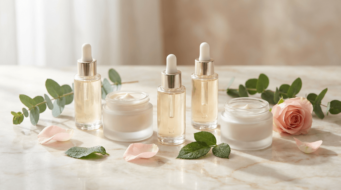 Elegant arrangement of new premium beauty products on marble surface