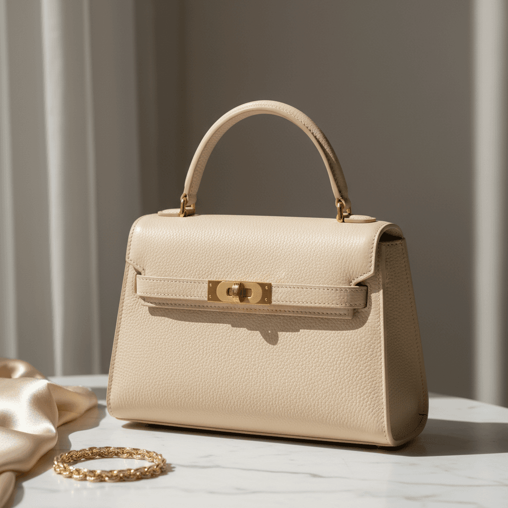 Tan leather handbag on display pedestal