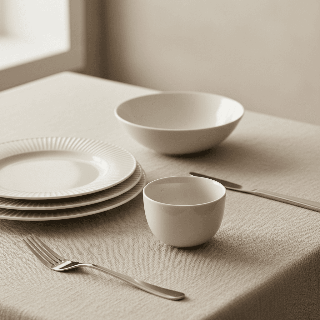 Minimalist ceramic tableware set on oak table
