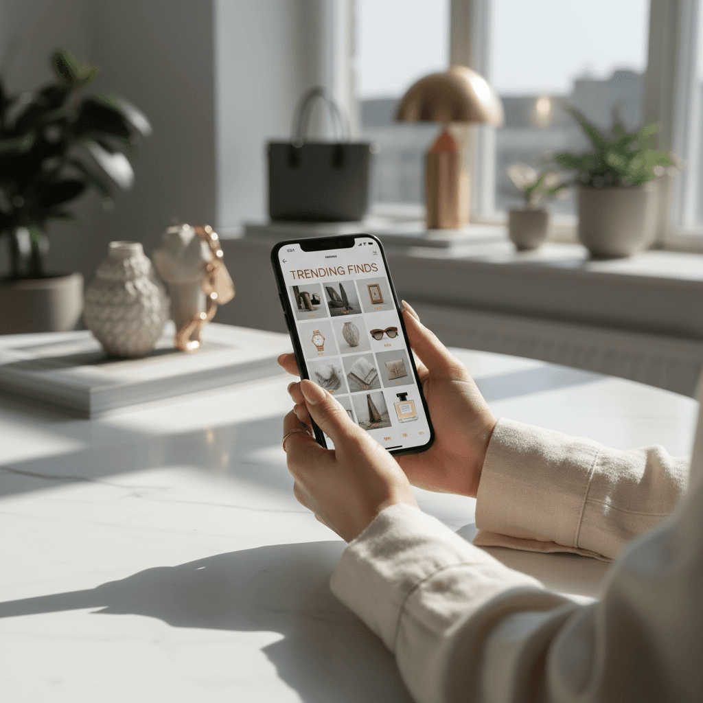 Hand holding a smartphone showing a refined product grid with filter options