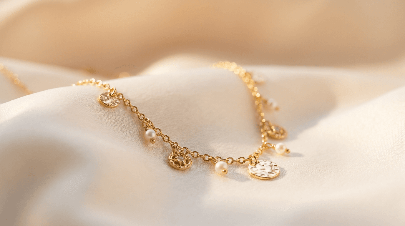 Gold pearl pendant necklace on dark stone
