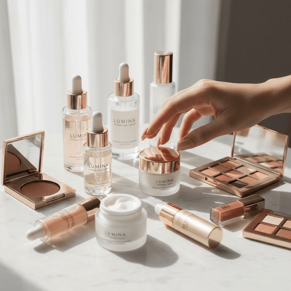 Elegant flat lay of premium beauty and cosmetic products on a neutral surface