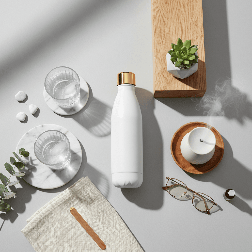 A calm, elegant arrangement of premium shopping items on a linen surface with soft natural light