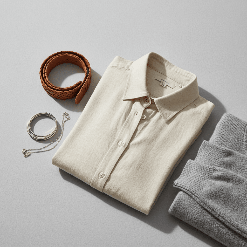 Minimal arrangement of premium fashion and lifestyle items in neutral tones