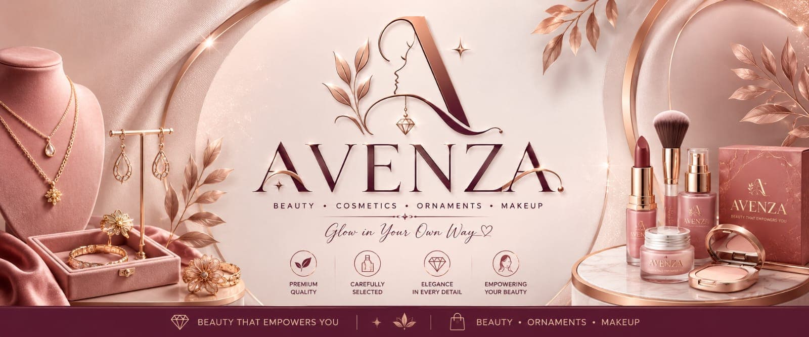 Elegant display of Avenza jewelry and makeup products in a soft rose gold setting.